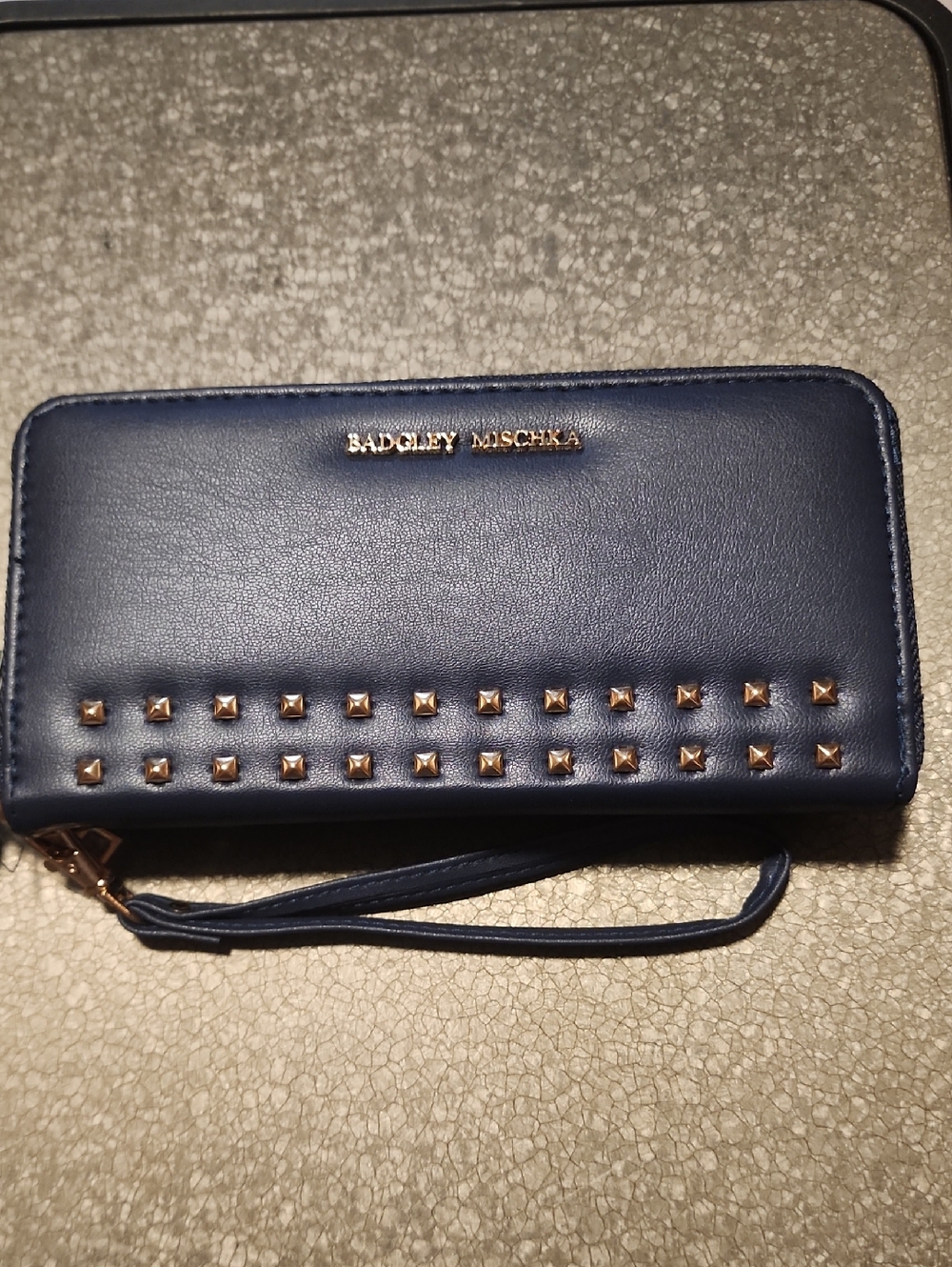 Badgley Mischka Navy Wristlet Wallet with Gold Studs